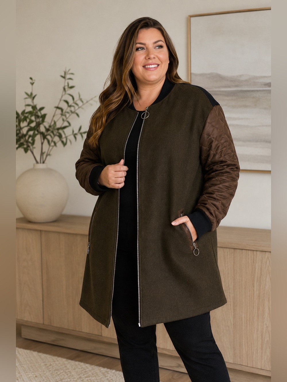 Wool blend Olive Green Bomber Coat with Quilted Brown Sleeves